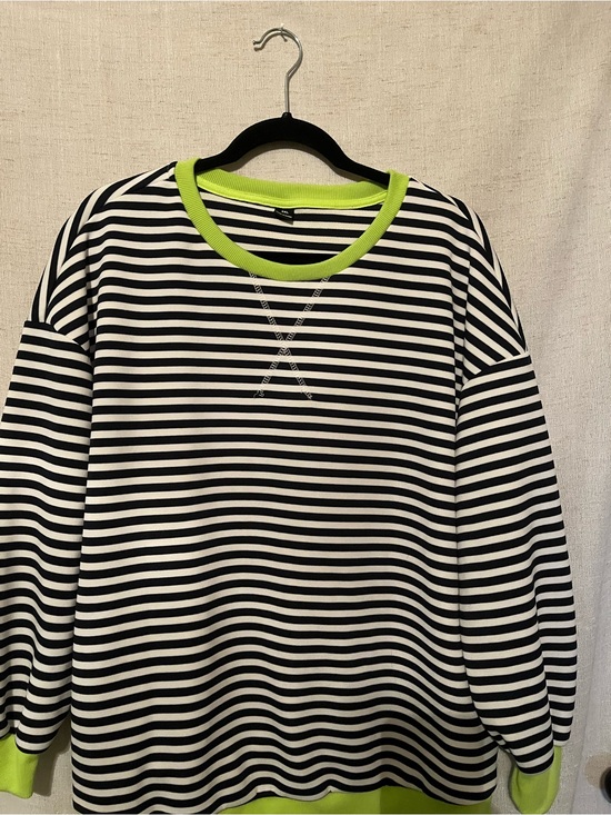 Tops - Striped Crewneck Sweatshirt with Lime Trim - Black & Lime